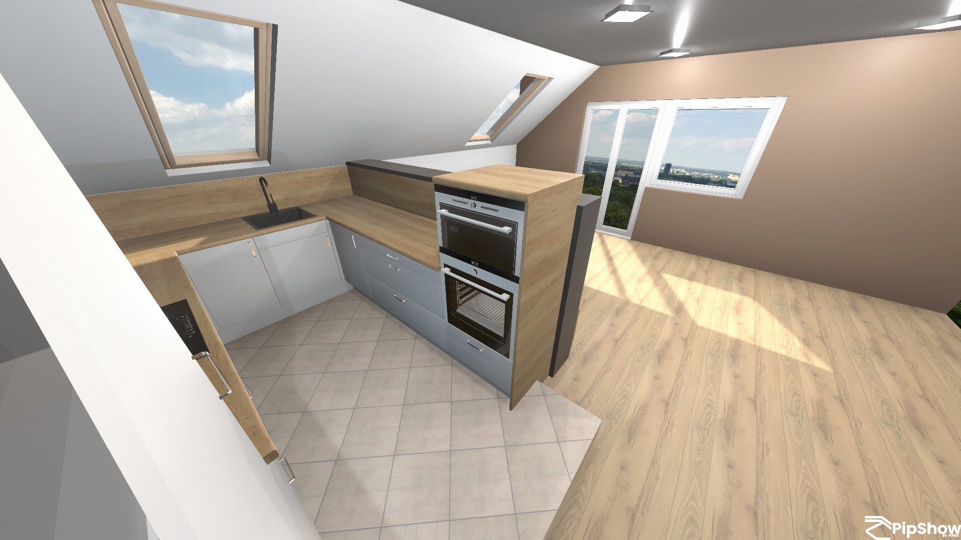 A kitchen render combines blue-gray lower drawers with light wood counters and a black oven tower. Large windows and a sloped roof opening reveal blue sky and distant greenery, while sunlight falls across the pale wood floor. A black cooktop sits beside the oven and a sink occupies the left counter, with a white “Pipshow BY PIPER” watermark at lower right.
