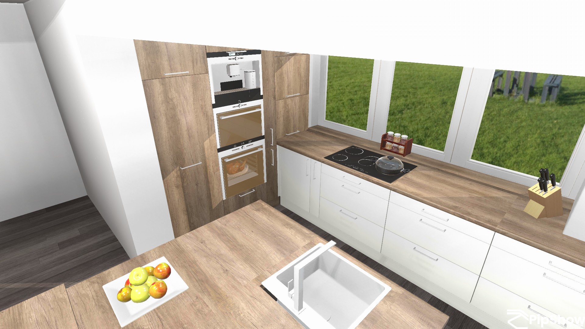 A bright rendered kitchen is seen from beside a broad wood dining table. Light-wood tall cabinetry and dark built-in appliances line the left wall, while white lower cupboards and a long wood counter run beneath wide windows. A white sink and faucet, fruit plate, cooktop with covered pan, jars, and knife block are visible, with a white “Pipshow BY PIPER” watermark at lower right.