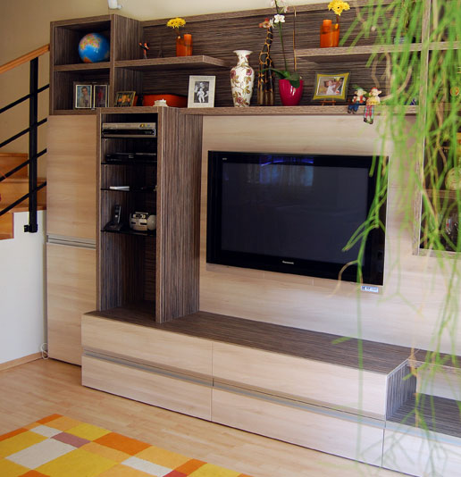 A wide built-in media cabinet combines light wood panels and dark vertical shelving around a large television. The open shelves hold small framed pictures, vases, a globe, and audio components. Long low drawers sit below the television, with a colorful geometric rug at the lower left.