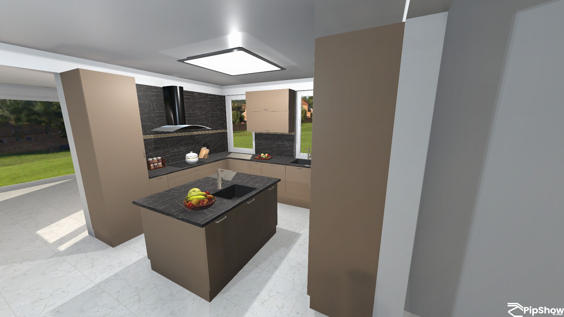 A dark gray and taupe kitchen render is viewed across a broad central island with a dark top. A matching counter holds a small pot and knife block, with a dark stone-pattern backsplash, pale flooring, and windows showing green outdoor areas. A tall light-brown cabinet fills the right foreground, and a white “Pipshow BY PIPER” watermark appears at lower right.