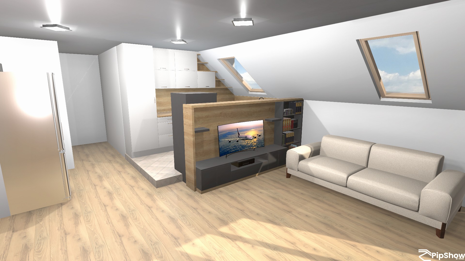 A light-toned living room faces a wood-framed media console with a television. A large white sectional sofa occupies the right side, and a pale-wood floor extends across the foreground toward a raised kitchen area on the left. The television shows an aircraft above water, books fill narrow shelves beside it, and a white “Pipshow BY PIPER” watermark is visible at lower right.