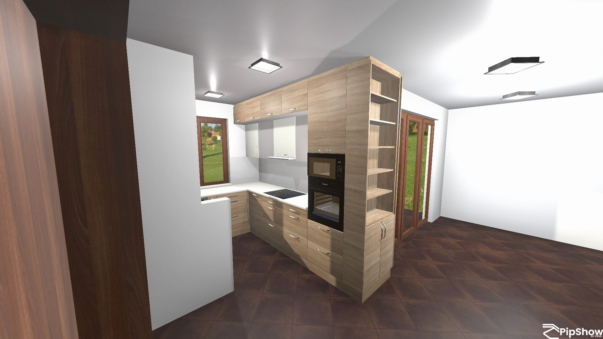 A pale wood and white kitchen is arranged around a tall central cabinet run. It includes upper cupboards, a built-in oven, lower drawers, a cooktop, open side shelves, and brown-framed windows with green lawn visible outside. Dark brown floor tiles contrast with the light cabinetry, and a white “Pipshow BY PIPER” watermark sits at lower right.