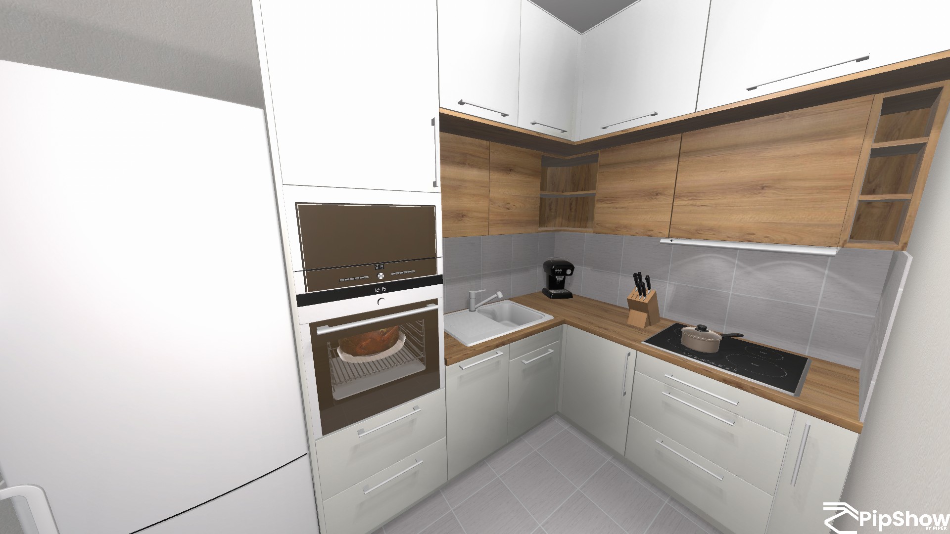 A rendered corner kitchen fills the frame, with white lower cabinets and broad light-wood upper cupboards. A built-in oven tower stands at left, while a sink, espresso machine, knife block, pot, and black cooktop sit along the counters. Gray backsplash tiles and a pale tiled floor complete the view, and a white “Pipshow BY PIPER” watermark appears at lower right.
