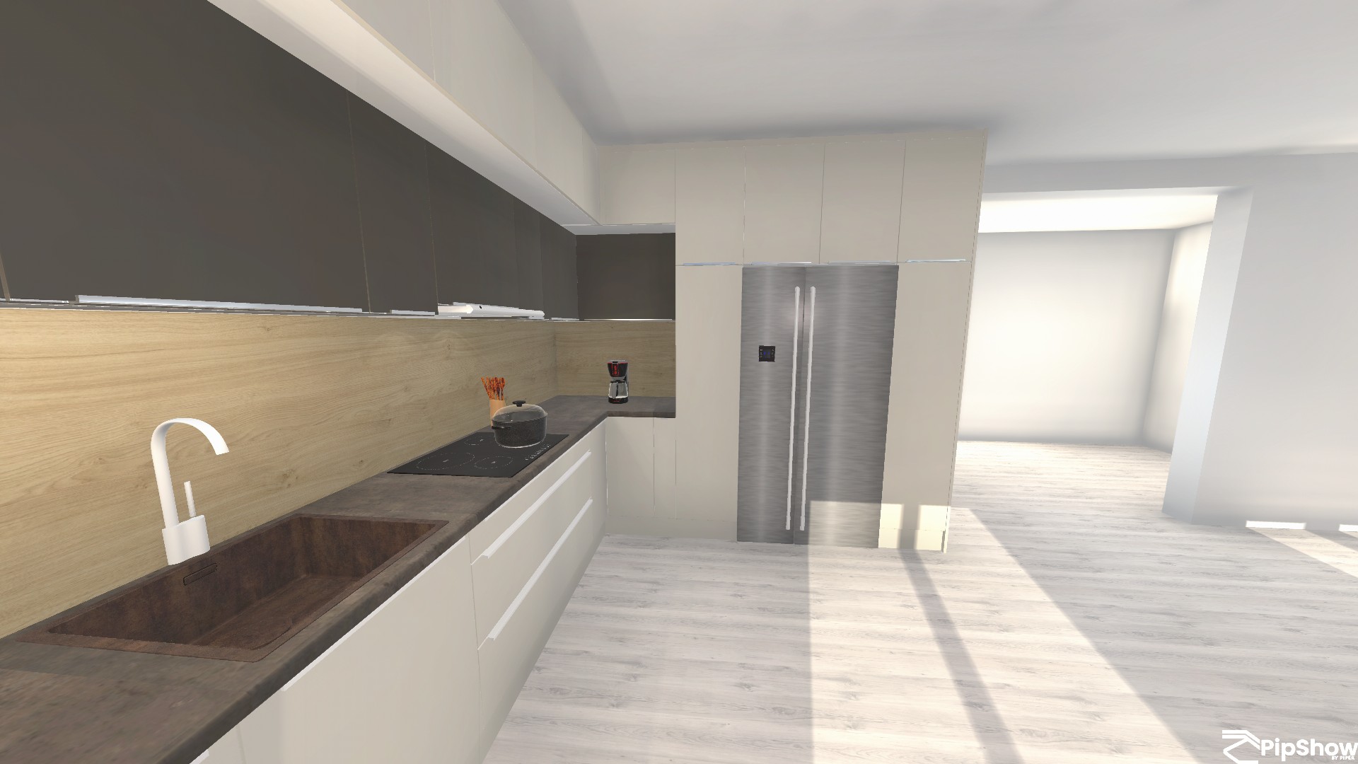 A modern kitchen with a wood-look backsplash and worktop runs from the left foreground toward a tall stainless-steel refrigerator. A deep dark sink and curved white faucet are at front, with a black cooktop, pot, and small countertop appliance behind them. Light-colored upper cupboards and a bright adjoining room appear to the right, and a white “Pipshow BY PIPER” watermark sits at lower right.