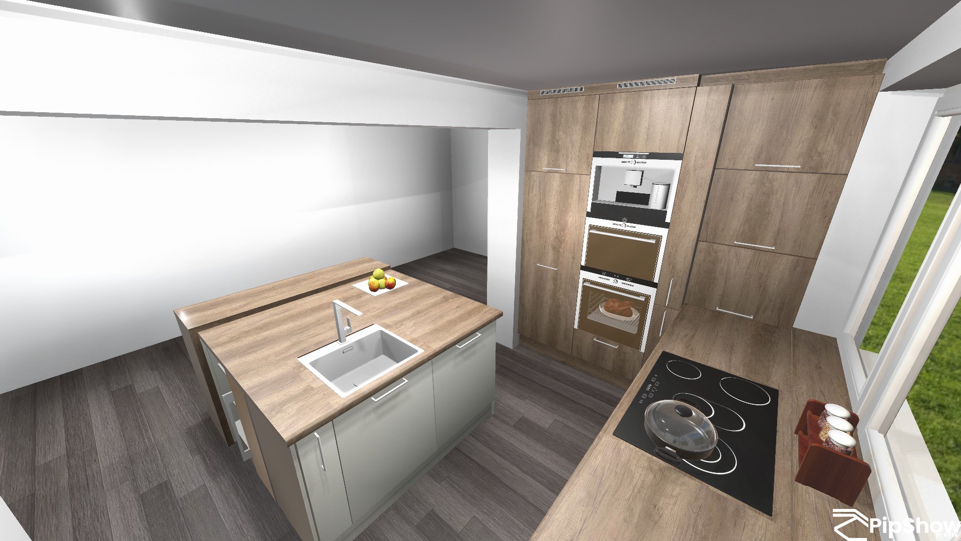 A rendered kitchen with tall wood-front cabinets stands behind a pale-wood island with an inset white sink. A dark cooktop with a covered pot and a small spice rack sits at right, while gray tile and dark plank flooring are visible around the cabinetry. A white “Pipshow BY PIPER” watermark is visible at lower right.